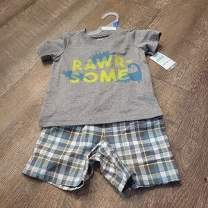 NWT carters baby boy 2pc grey dinosaur shirt & Plaid Shorts outfit size 24mos